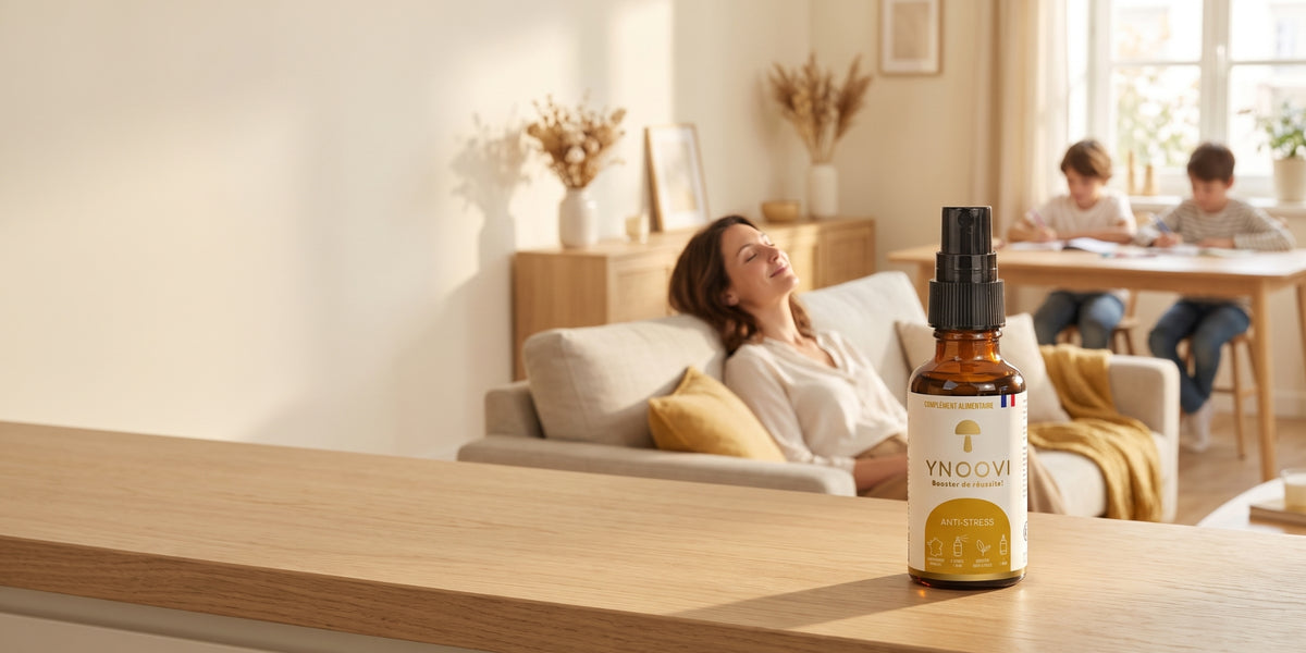 Antistress : Femme détendue dans son canapé grâce au spray antistress naturel YNOOVI aux champignons adaptogènes