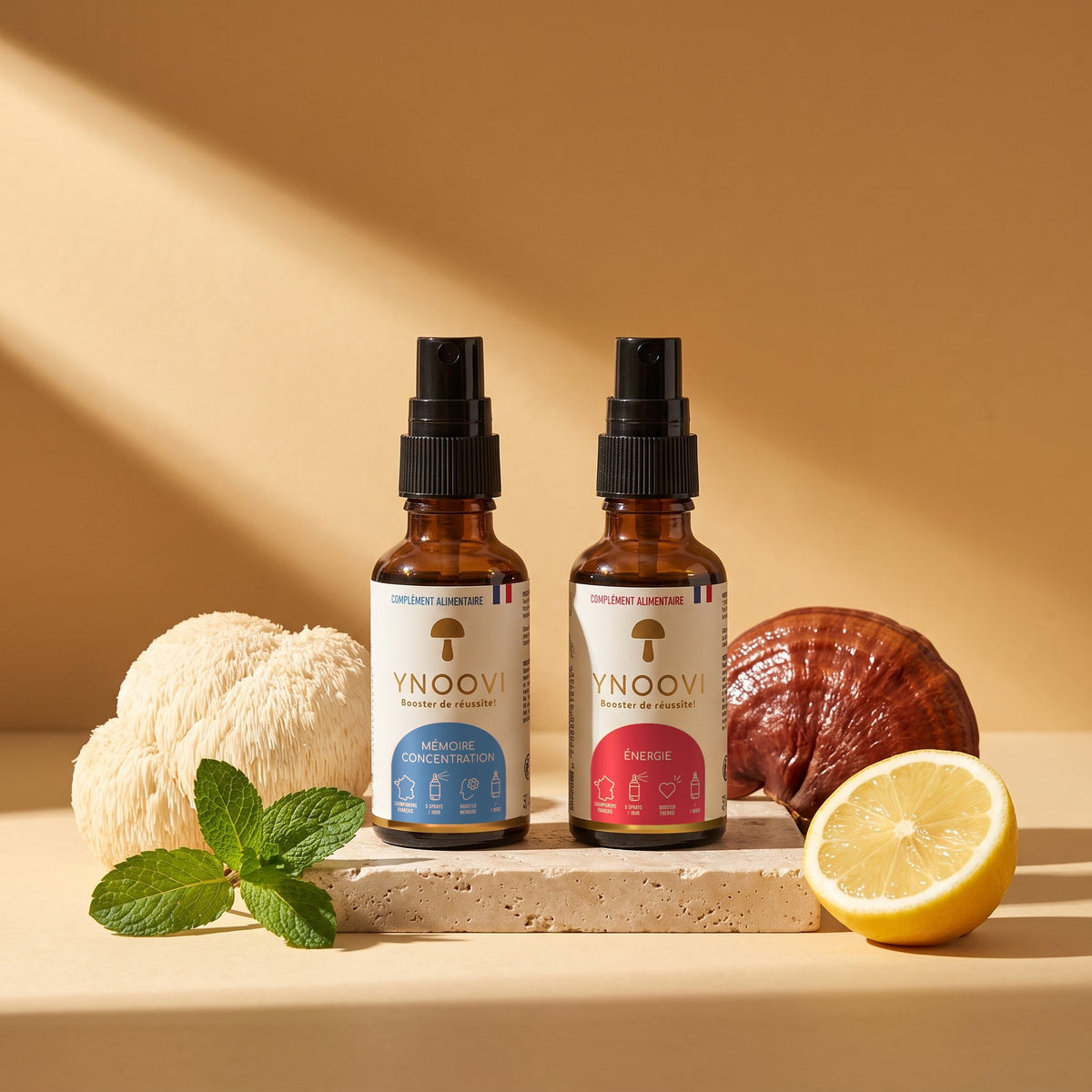 Pack Mastermind YNOOVI : sprays Mémoire Concentration et Énergie au Lion's Mane, Reishi et citron, compléments alimentaires sublinguaux fabriqués en France