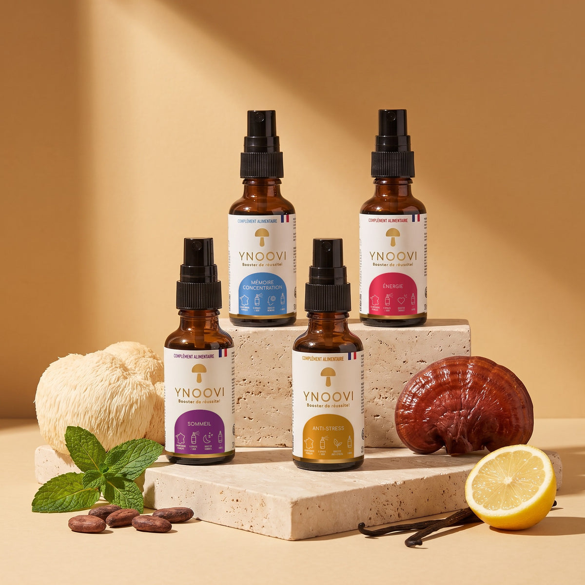 Pack Optimum YNOOVI : 4 sprays Sommeil, Anti-Stress, Mémoire Concentration et Énergie au Reishi et Lion's Mane, compléments alimentaires sublinguaux fabriqués en France