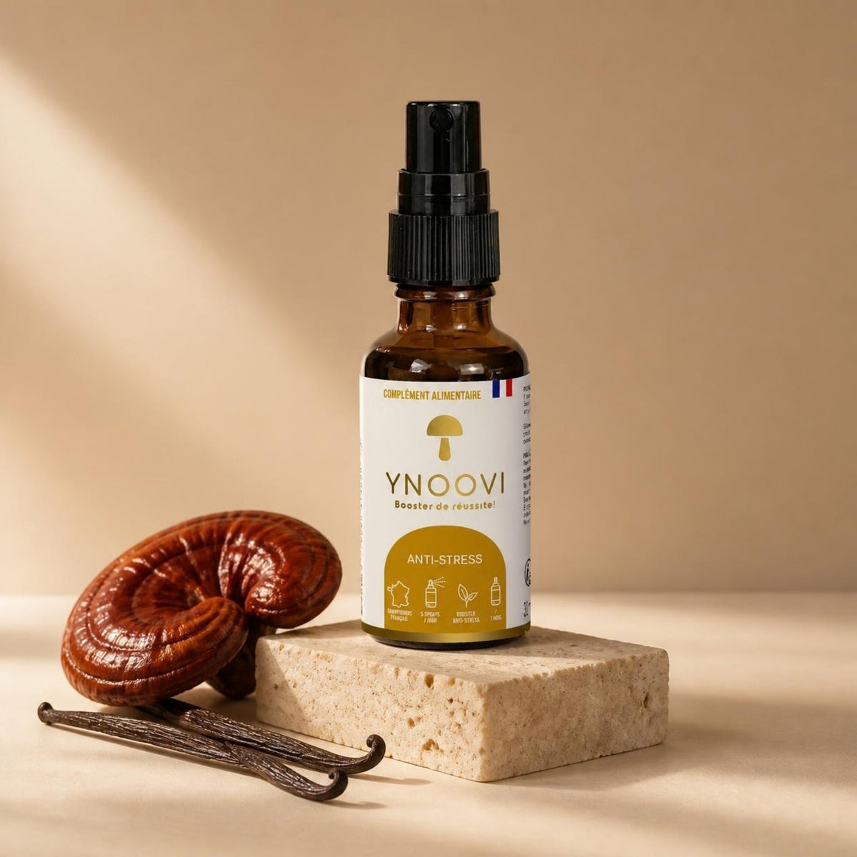 Spray Anti-stress Sérénité YNOOVI au Reishi bio, rhodiola, safran et vanille, complément alimentaire sublingual