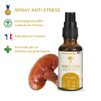 Spray YNOOVI Antistress : champignons bio cultivés en France, fabriqué en France, formulé par un docteur en pharmacie