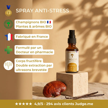 Complément alimentaire bio français YNOOVI Anti-stress : champignons bio cultivés en France, formulé par un docteur en pharmacie