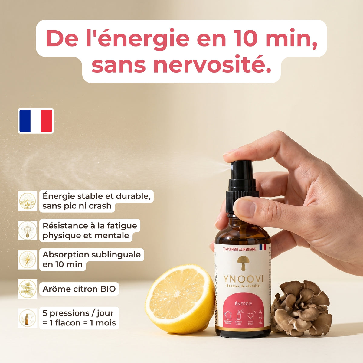 Bienfaits du spray Énergie YNOOVI : énergie stable sans coup de barre, anti-fatigue, champignons adaptogènes bio