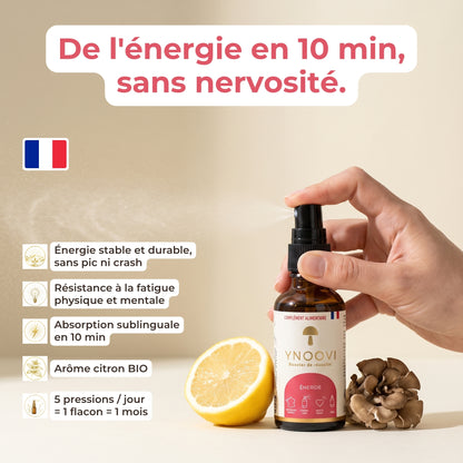 Bienfaits du spray Énergie YNOOVI : énergie stable sans coup de barre, anti-fatigue, champignons adaptogènes bio