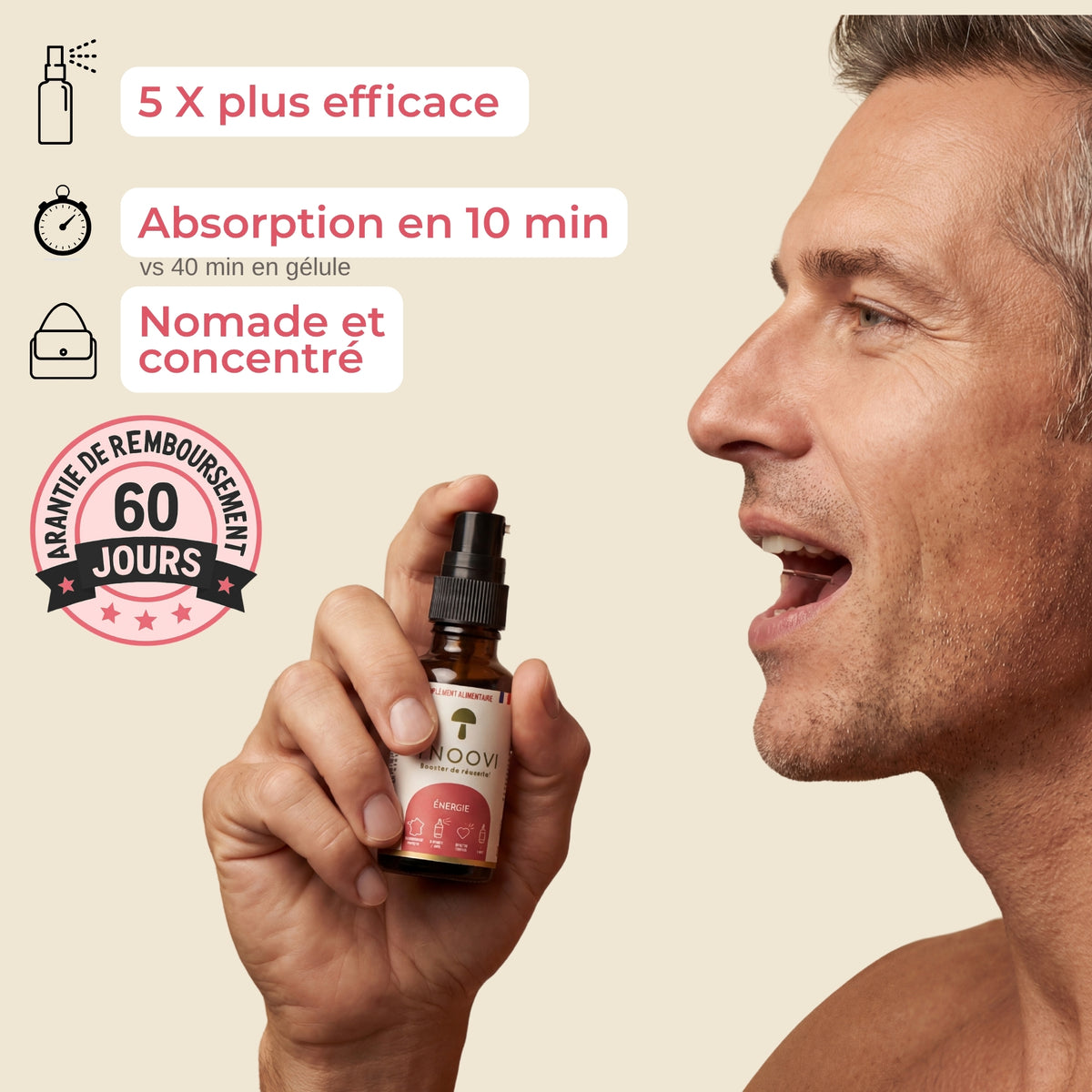 Spray sublingual YNOOVI Énergie : absorption en 10 min contre 40 min pour une gélule