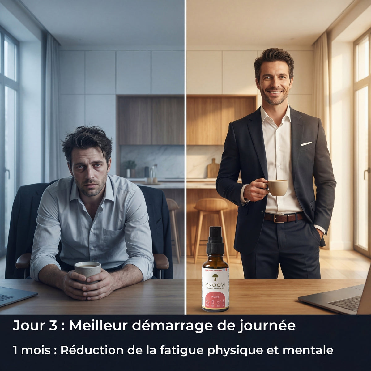 Avant et après la cure de spray Énergie & Endurance YNOOVI au Reishi et ginseng