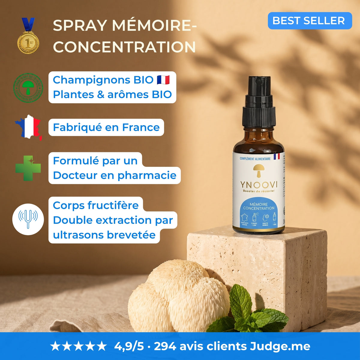 Complément alimentaire bio français YNOOVI Mémoire : champignons bio cultivés en France, formulé par un docteur en pharmacie