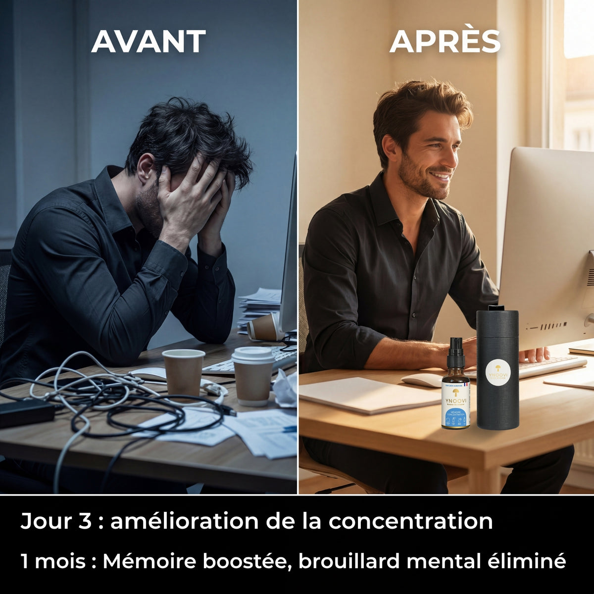Avant et après la cure de spray Mémoire & Concentration YNOOVI au Lion's Mane