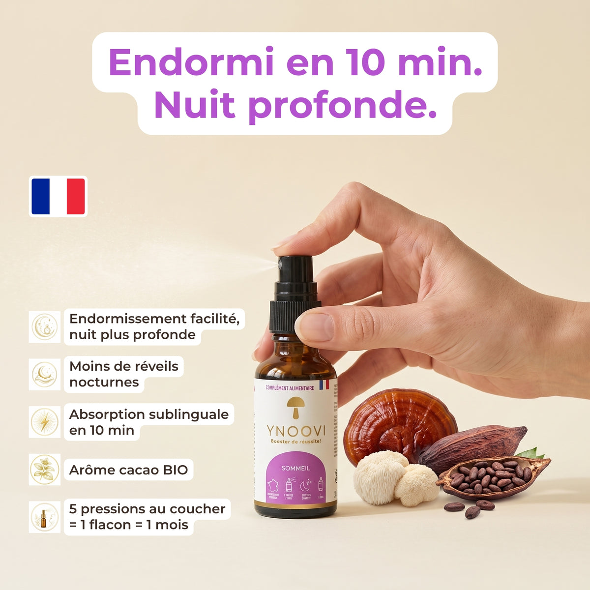 Bienfaits du spray Sommeil YNOOVI : endormissement facilité, nuit plus profonde, moins de réveils nocturnes