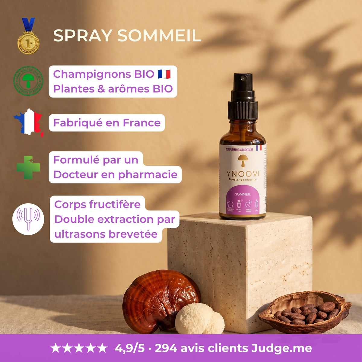 Complément alimentaire bio français YNOOVI Sommeil : champignons bio cultivés en France, formulé par un docteur en pharmacie