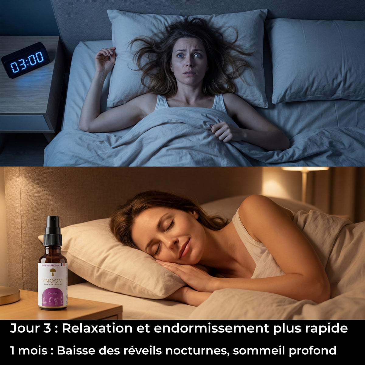 Avant et après la cure de spray Sommeil YNOOVI au Reishi et à la mélatonine