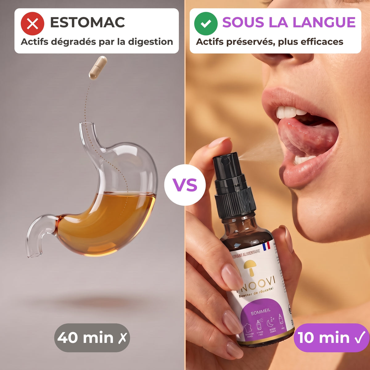 Spray sous la langue vs gélules : actifs préservés de la digestion avec le spray YNOOVI Sommeil